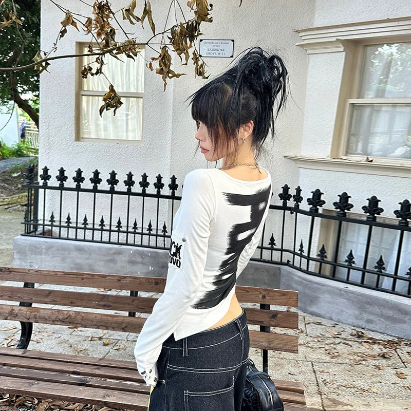Tonngirls American Retro Print T-shirt Women Long Sleece Button Graphic Tops Y2k Tops 2000s Japanese Grunge Tops E-girls Autumn