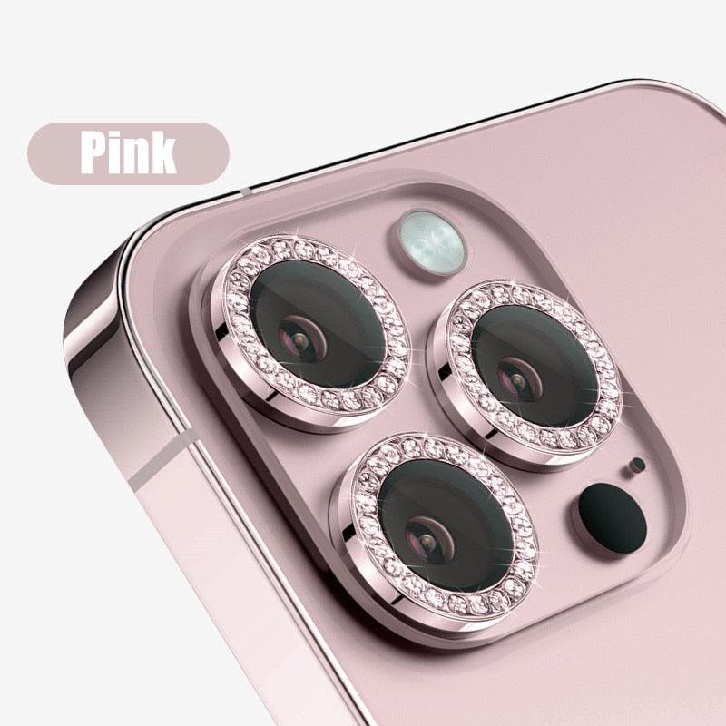 Glitter Diamond Rhinestones Metal Ring Camera Tempered Glass For iPhone 11 12 13 14 Pro Max Mini Plus Lens Protector Full Cover 9H Tempered Glass Camera Lens Protector Metal Single Ring Full Coverage Camera Lens Protector by Stevvex