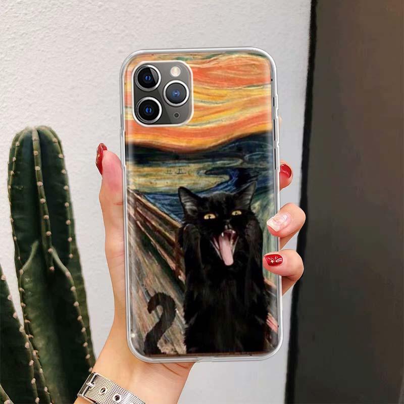 Black Cat Cartoon Cute For Iphone 11 13 14 Pro Max 12 Mini Phone Case X Xs Xr 6 6s 8 7 Plus Se 5 5s Cover Cute Funny Aesthetic Cat Design Pattern Silicone Soft Phone Case by Stevvex