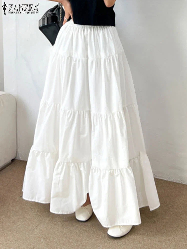 ZANZEA Women Korean Fashion Tiered Maxi Skirt Elastic Waist Casual Solid Color A-line Faldas Mujer Holiday Streetwear Long Jupes