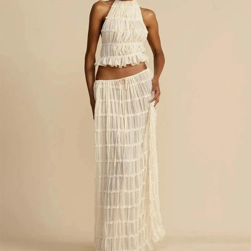 Fashion Halter Neck Long Skirt Suit Women Backless Sling Top Lace Up Fold Maxi Skirts New Summer Female 2 Piece Set Outfits