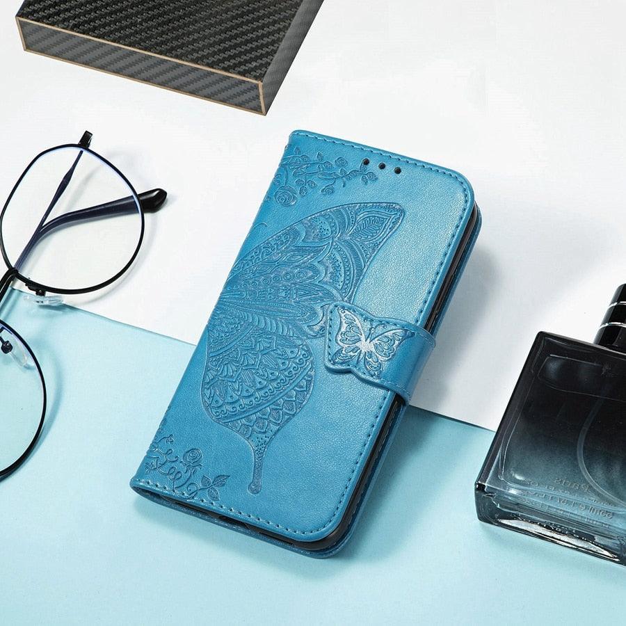 Luxury Pink Butterfly Flower Wallet Flip Case For iPhone 14 Pro Max 13 12 Classic Simple Leather Wallet Case with Card Holder Kickstand Wrist Strap Flip Cover for iPhone by Stevvex