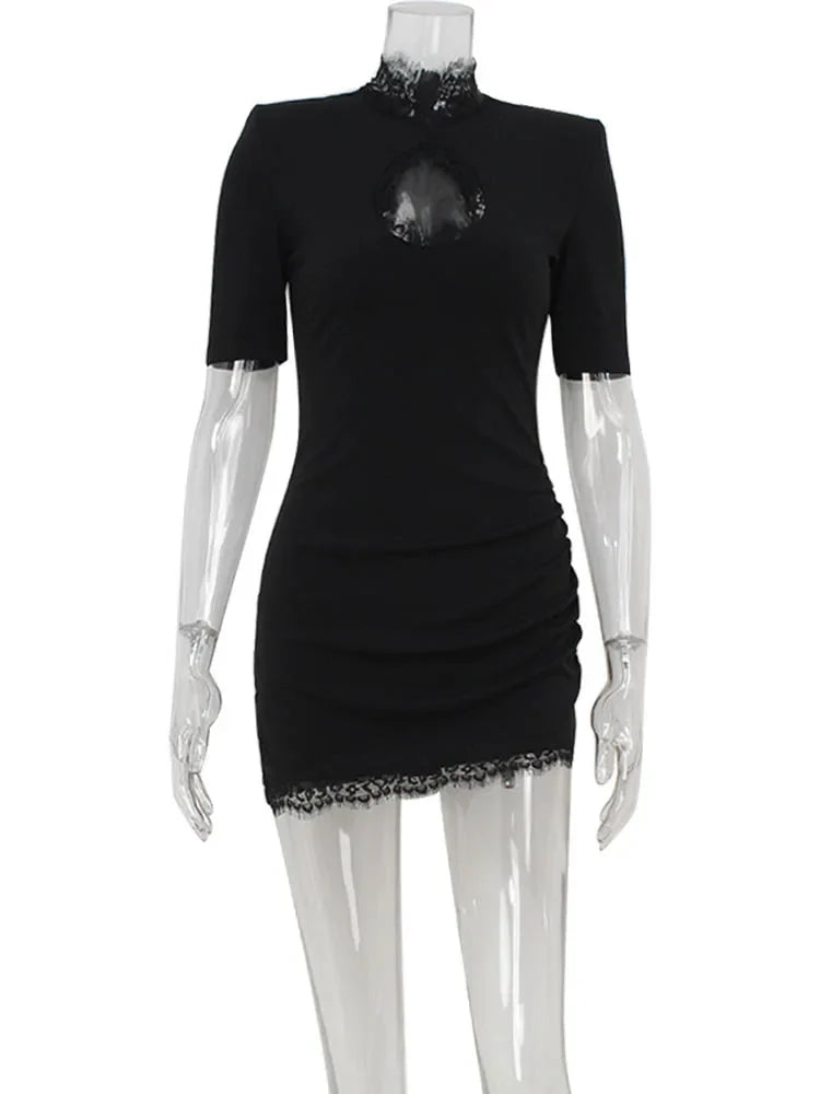 Huhugirl Lace Patchwork Hollow Out Bodycon Sheath High Collar Women Dresses Half Sleeve Outfits Sexy Club Fashion Female Vestido
