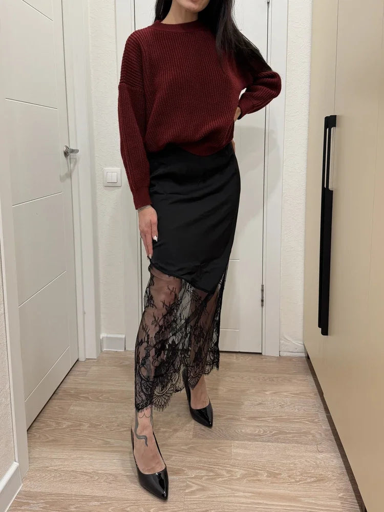 Trendix Women Patchwork Lace Skirts 2025 New High Waist Slim Hollow Out Maxi Skirts Autumn Brown Fashion Party Club Boho Skirt