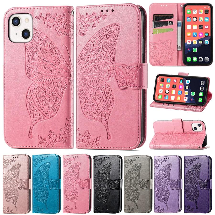 Luxury Pink Butterfly Flower Wallet Flip Case For iPhone 14 Pro Max 13 12 Classic Simple Leather Wallet Case with Card Holder Kickstand Wrist Strap Flip Cover for iPhone by Stevvex