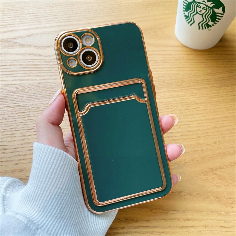 Luxury Plating Silicone Card Slot Holder Case For iPhone 14 12 13 Pro Max Elegant Women Soft Wallet Shockproof Cover Soft Bumper Beautiful Shiny Color Smartphone Case For Women by Stevvex