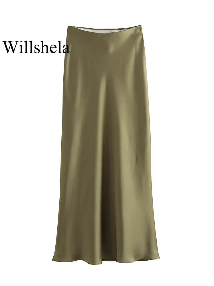 Willshela 2024 Black Satin Skirt Woman High Waist Elegant Long Skirts For Women Fashion Summer Midi Skirt Office Women's Skirts