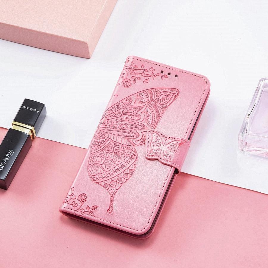Luxury Pink Butterfly Flower Wallet Flip Case For iPhone 14 Pro Max 13 12 Classic Simple Leather Wallet Case with Card Holder Kickstand Wrist Strap Flip Cover for iPhone by Stevvex