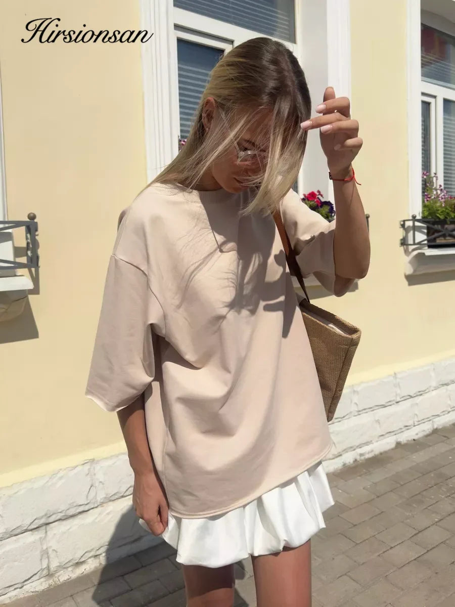 Hirsionsan Summer Casual Oversized T-shirts Women 100% Cotton Pink Loose Tees 2025 New Cusual Solid O Neck Female Aesthetic Tops