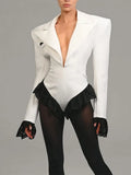 Lace Fashion Suit Jumpsuit Female Blazer Body Top V-Neck Slim Long Sleeve Sexy Cardigan Streetwear Women Black Rompers New