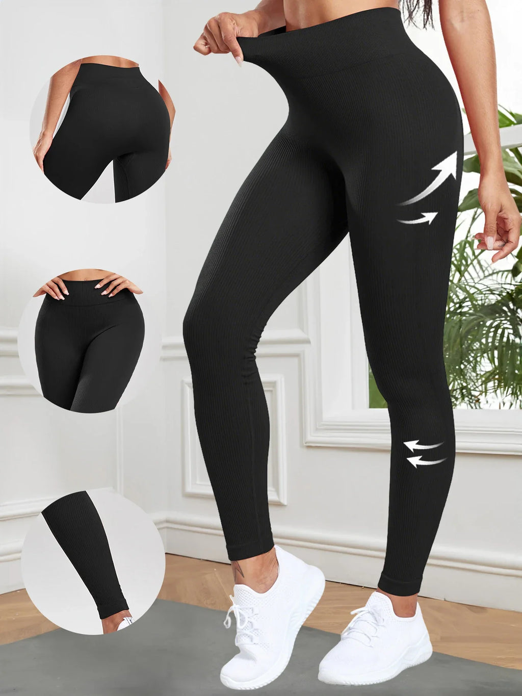 Women Seamless Ribbed Leggings High Waist Butt Lifting Workout Tights Solid Color Simple Fitness Pants Casual Clothing