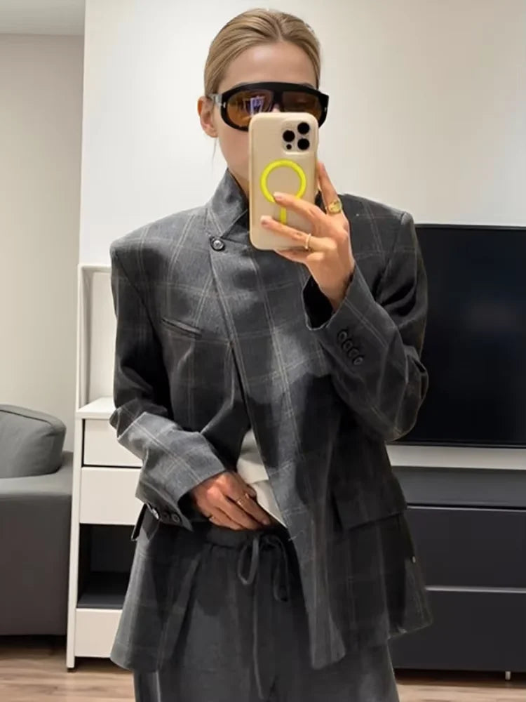 Women Irregular Plaid Blazer Jacket Stand Collar Full Sleeve Split Loose Short Jackets 2026 Fashion Lady Daily Commute Outwears