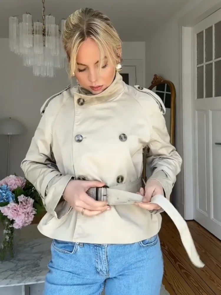 Fashion Flared Sleeve Women Coat Elegant Stand Collar Single Breasted Long Sleeved Female Jacket 2025 Autumn Commuter Lady Coats