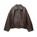 Vintage PU Leather Bomber Jackets 2025 Autumn New Ladies Zipper Lapel Long Sleeve Pocket Coat With Belt Women's Loose Streetwear