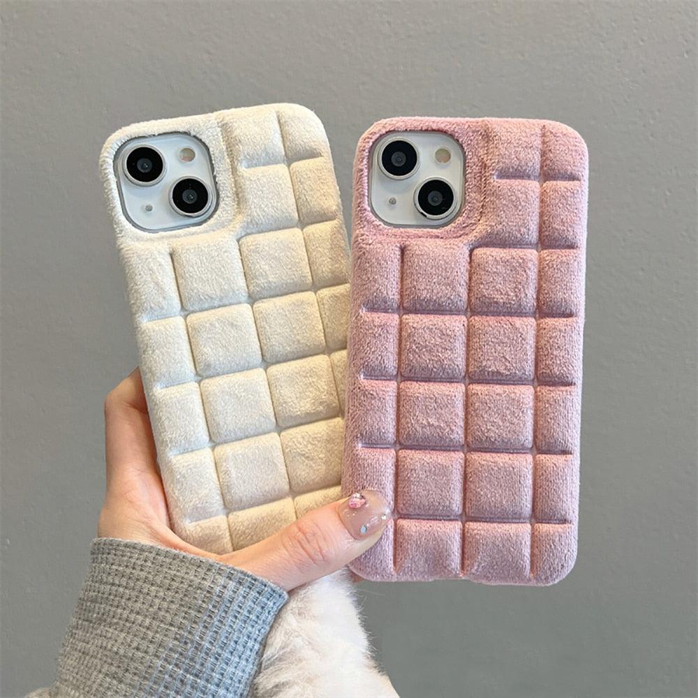 Fashion Fur Winter Warm Plush Square Lattice Solid Color Phone Case For iPhone 14 13 12 11 Pro Max Plus Fluffy Back Cover Case Silicon Soft Fluffy Furry Shockproof Protective Phone Case for iPhone by Stevvex