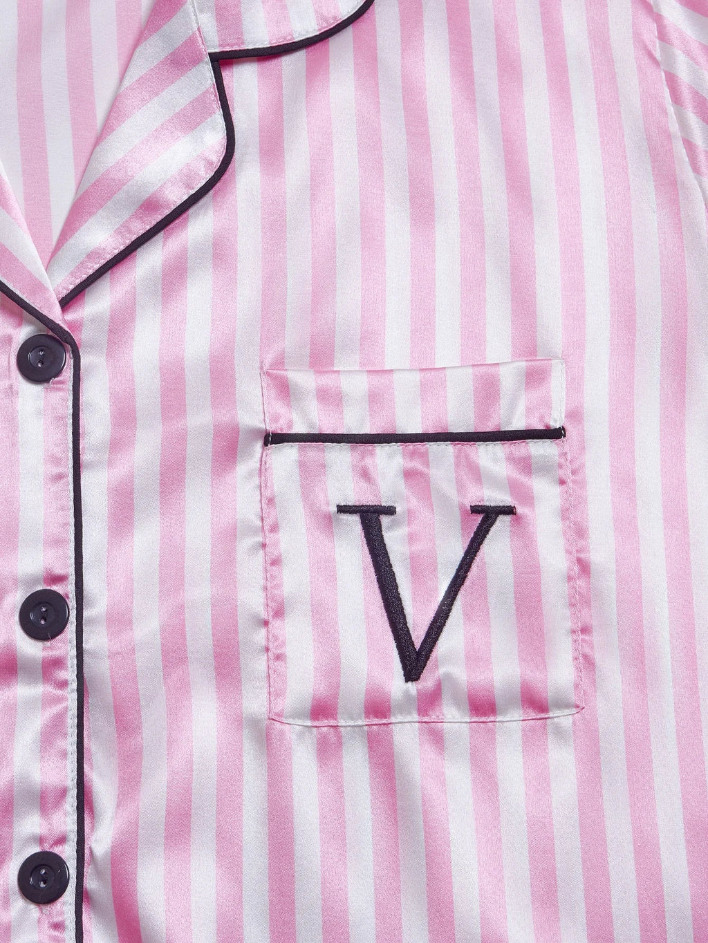 Striped Embroidered Letter Pocket Short Sleeve and Shorts Pajama Set, Casual Satin Sleepwear with Lapel Collar and Button Detail