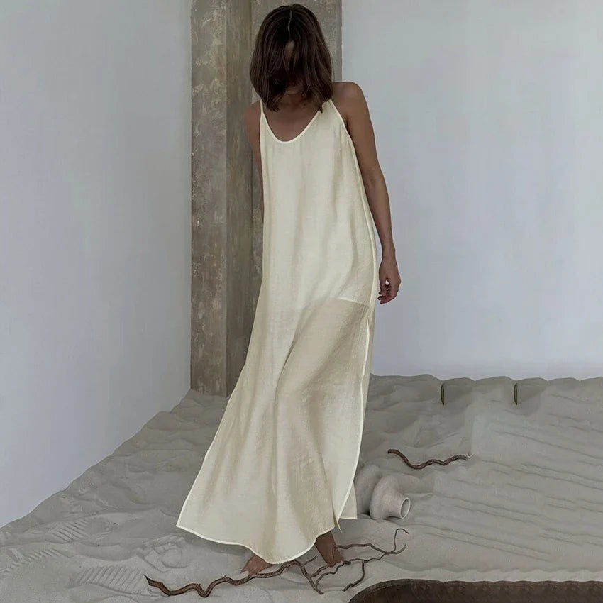 Linad Summer Casual White Long Dress Sexy Loose Backless Split Dresses Woman Street Chic V Neck Straight Dress For Women 2025