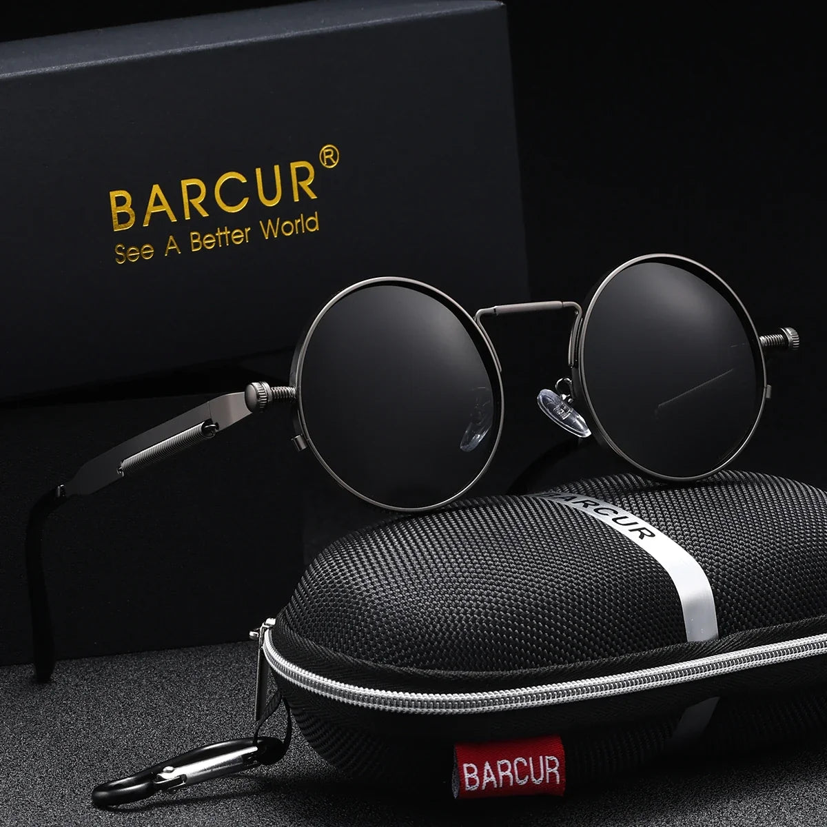 BARCUR Polarized Round Steampunk Sunglasses for Men – Retro Fashion Stainless Steel Frame with UV400 Protection and Spring Hinges – Luxury Vintage Style Circular Sun Glasses for Women & Men Perfect for Outdoor Travel and Summer Events