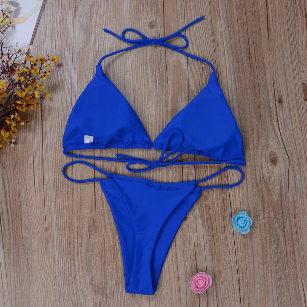 Women Tie Sexy Thong Bikini Set Side Swimsuit Bandage Style Brazilian Swimwear Split Strap Adjustable Solid Female Swimsuit Set
