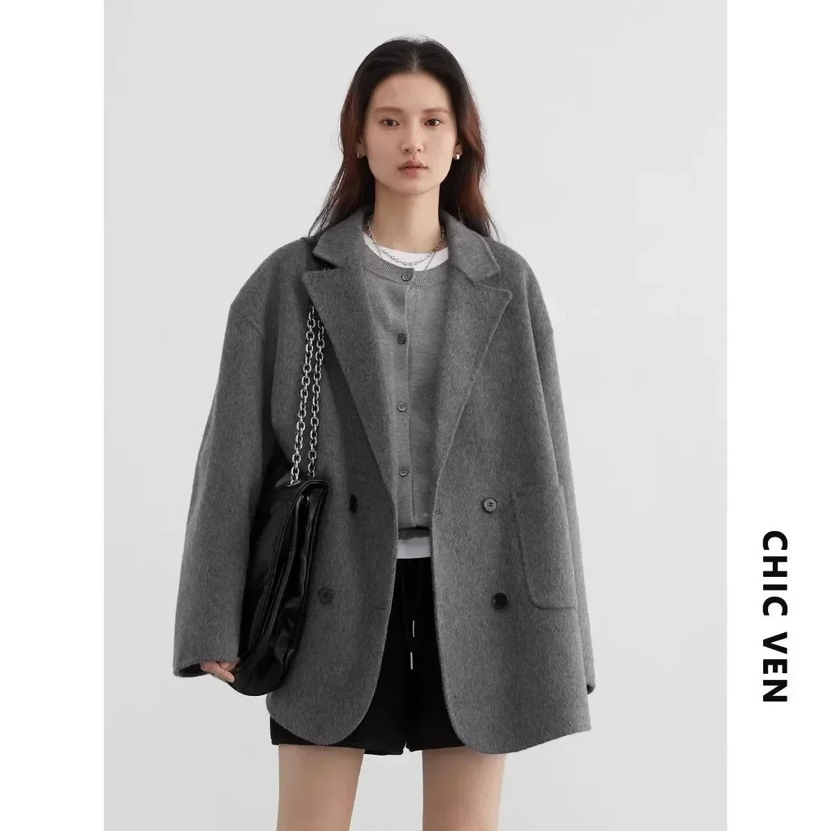 CHIC VEN Women's Woolen Coats Loose Casual Double Breasted Retro Double-sided Jacket Office Lady Outerwear Autumn Winter 2026