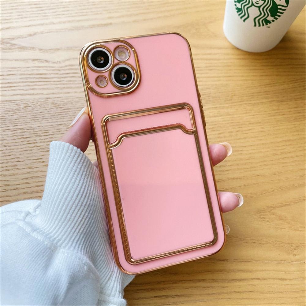 Luxury Plating Silicone Card Slot Holder Case For iPhone 14 12 13 Pro Max Elegant Women Soft Wallet Shockproof Cover Soft Bumper Beautiful Shiny Color Smartphone Case For Women by Stevvex
