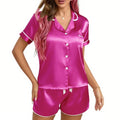 Women's Pajamas Lounge Set Heart Embroidered Pocket Patched Sleepwear Button Down Short Sleeve Top & Shorts Pyjama Home Clothing