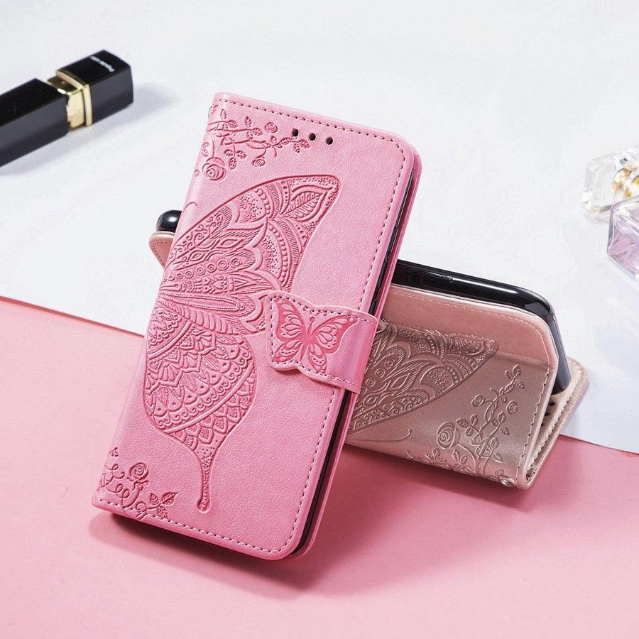 Luxury Pink Butterfly Flower Wallet Flip Case For iPhone 14 Pro Max 13 12 Classic Simple Leather Wallet Case with Card Holder Kickstand Wrist Strap Flip Cover for iPhone by Stevvex