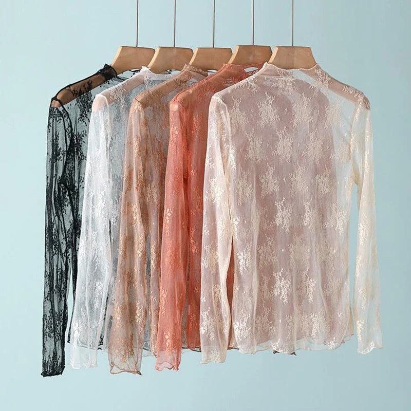 Sexy Women Mesh T-Shirts Transparent Lace Blouse Long Sleeve See Through Tops For Women Bottoming Shirt Sheer Tees Body Crop Top