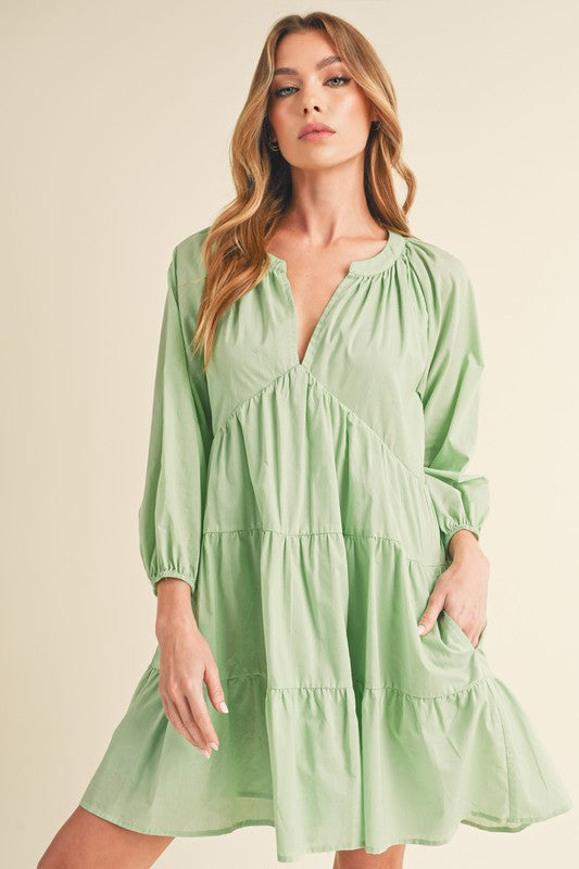 Notched Balloon Sleeve Tiered Mini Summer Dress For Women, A Chic & Trendy Statement and Comfortable Piece by Stevvex
