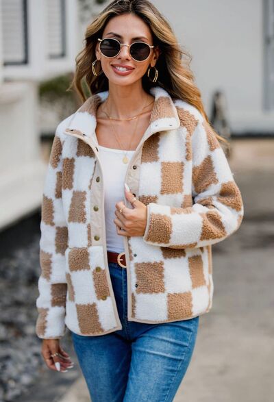 Elegant Checkered Snap Down Long Sleeve Teddy Jacket Soft & Warm Colorful Jacket by Stevvex