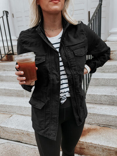Retro Pocketed Long Sleeve Zip-Up Jacket Lightweight & Stylish Outerwear for Everyday Wear by Stevvex