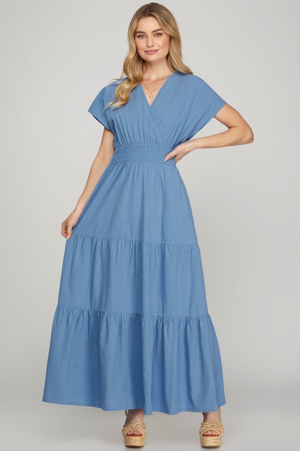 Surplice Short Sleeve Tiered Maxi Dress With Pockets For Women – Elegant, Versatile, Comfortable and Functional with Flattering Surplice Neckline and Tiered Design for Effortless Style by Stevvex