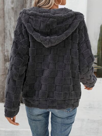 Dark Gray Women Checkered Pattern Jacket Comfy Textured Zip-Up Drawstring Fuzzy Jacket by Stevvex