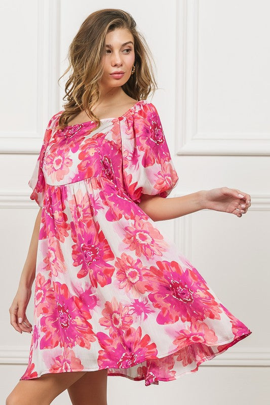 New Summer Floral Square Neck Puff Sleeve Mini Dress For Women, Vintage-Inspired Charm, Romantic Floral Print, Feminine Puff Sleeves for Casual & Dressy Occasions by Stevvex