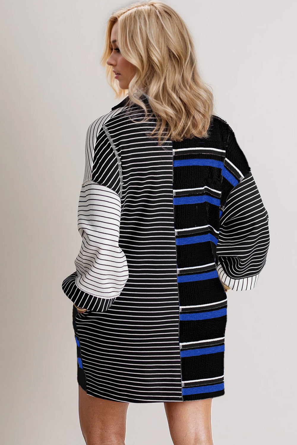 Full Size Striped Half Button Long Sleeve Mini Dress Trendy & Casual Everyday Wear by Stevvex