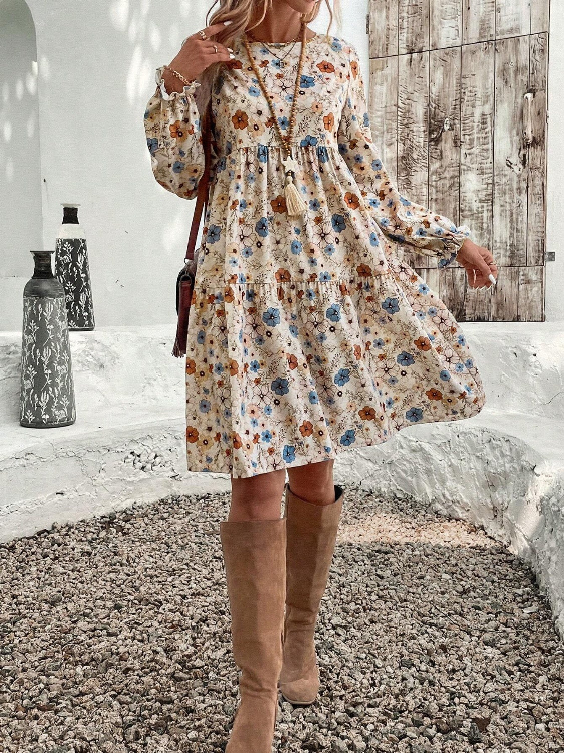 Tiered Floral Round Neck Long Sleeve Dress Elegant Summer Lightweight Breathable Dress by Stevvex