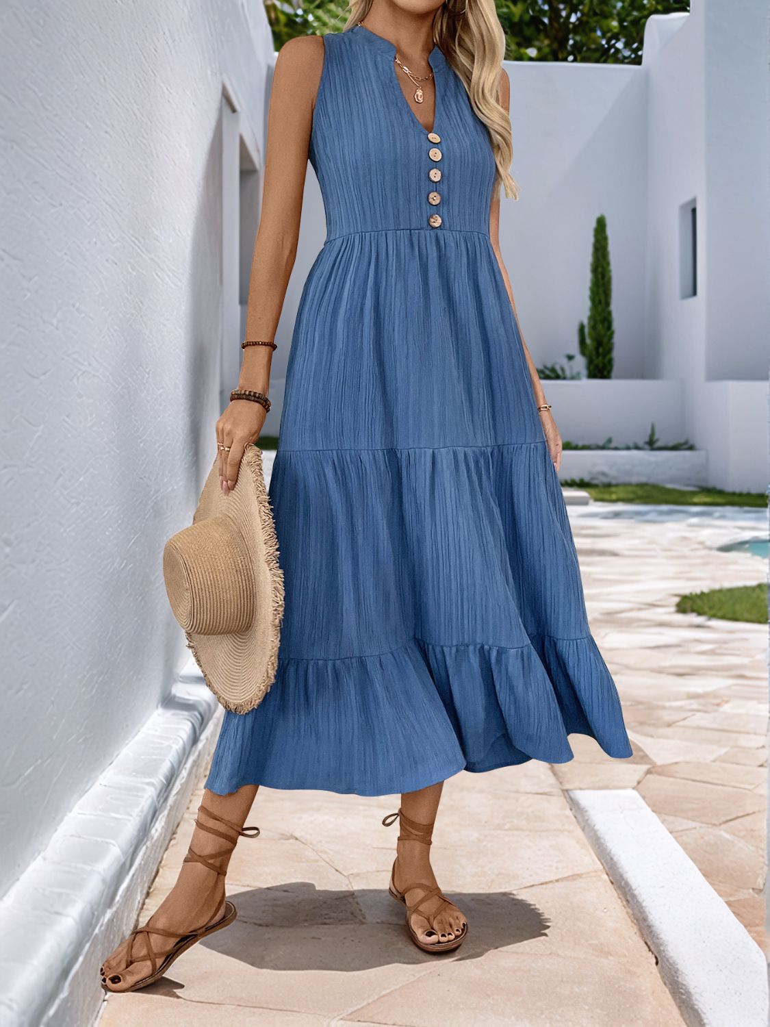 Decorative Dusty Blue Button Notched Sleeveless Dress Elegant & Feminine Style Long Dress For Women by Stevvex