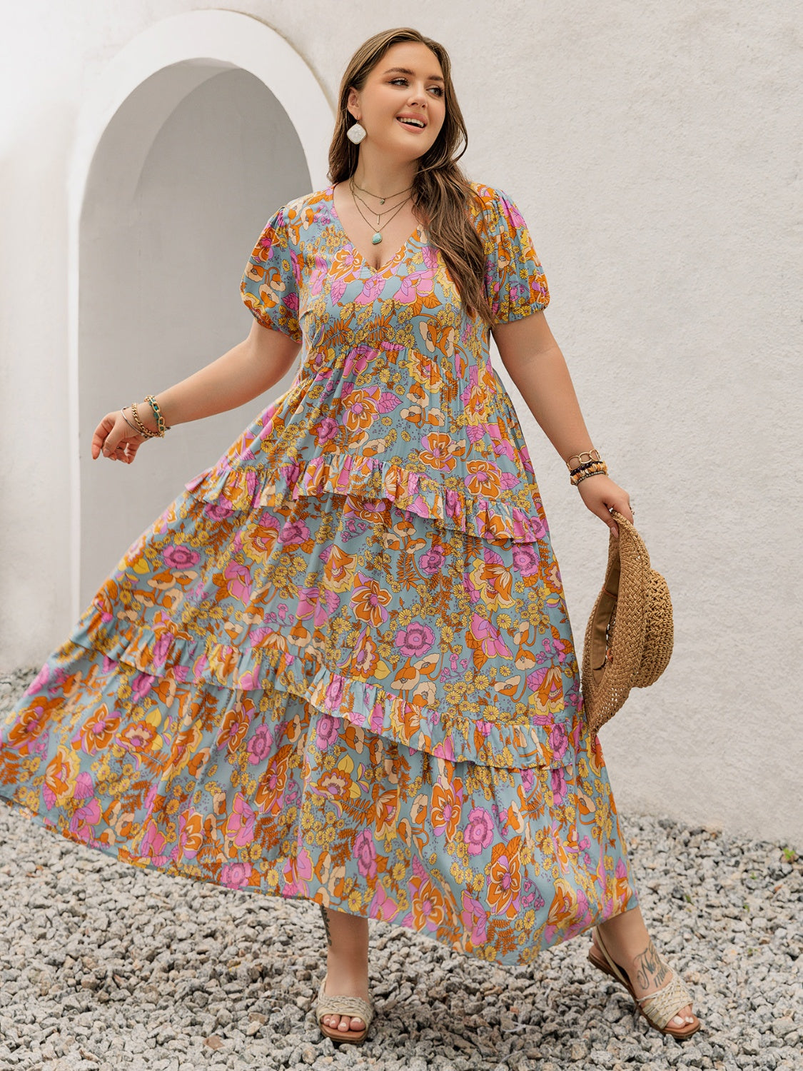 Plus Size Printed V-Neck Short Sleeve Maxi Dress Elegant & Flowy Summer Dress For Girls by Stevvex