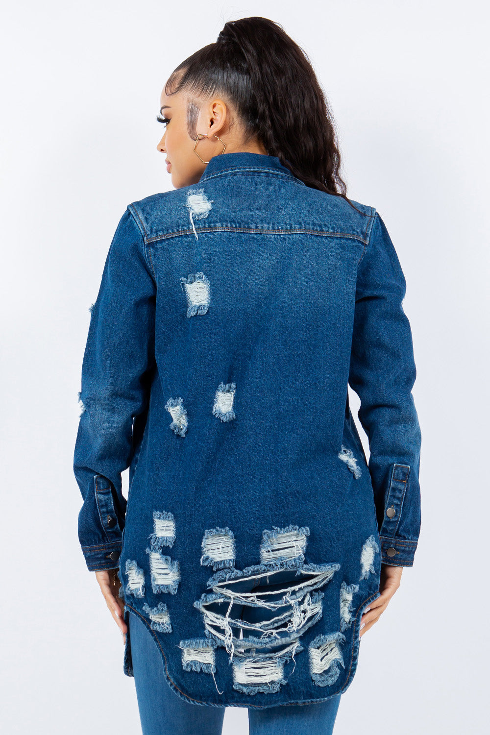 American Dark Blue Bazi Distressed Button Up Long Sleeve Jacket Trendy Buttoned Jacket with Distressed Finish for Women by Stevvex