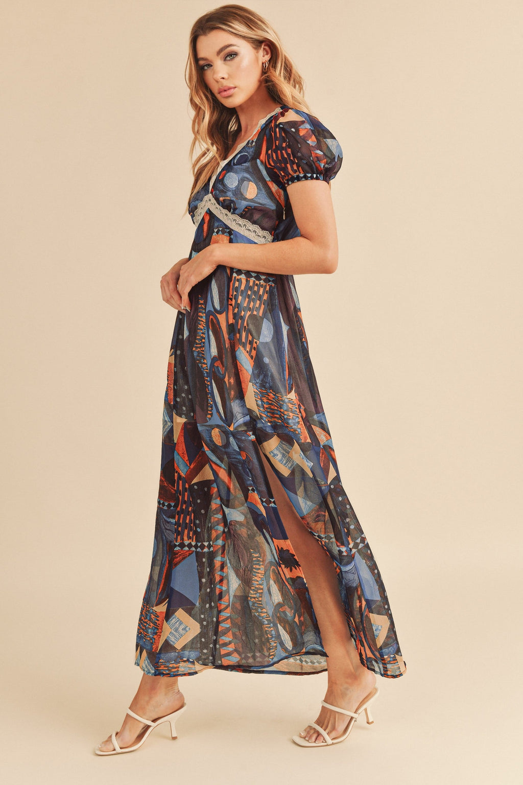 Lace Detail Slit Geometric Print Short Sleeve Comfortable Maxi Dress For Women, Elegant Lace, Alluring Slit, Sophisticated Geometric Print for Casual & Dressy Occasions