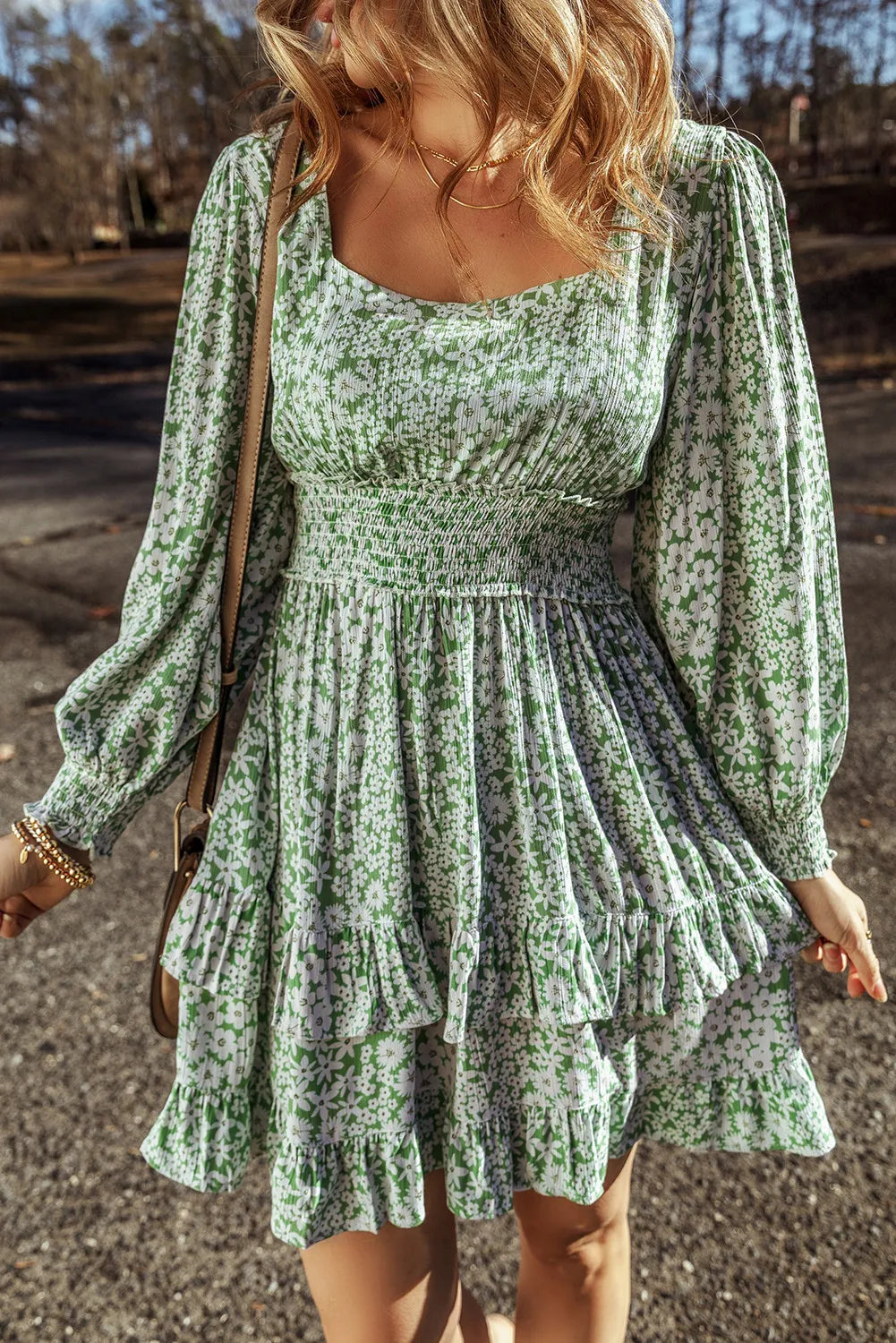 Elegant Ruffle Hem Floral Mini Dress Square Neck Long Sleeve Romantic Dress by Stevvex