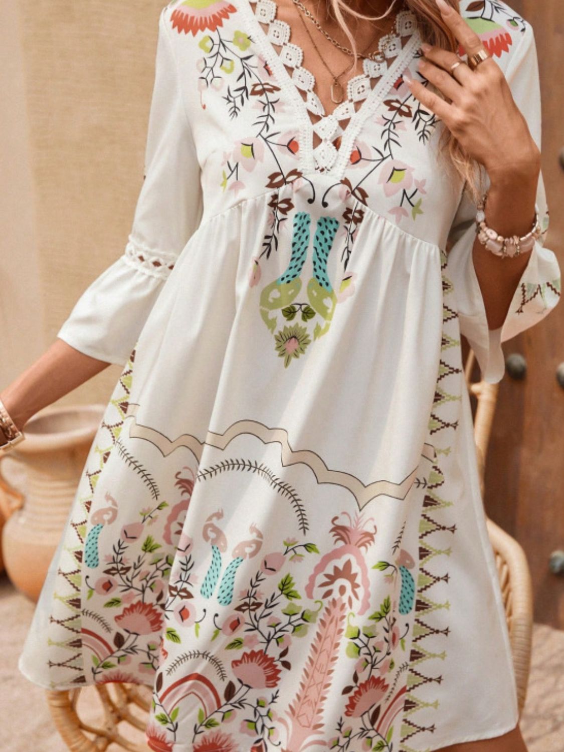 Exquisite Summer Feminine Lace Detail Printed Dress Chic Midi Lightweight Dress by Stevvex