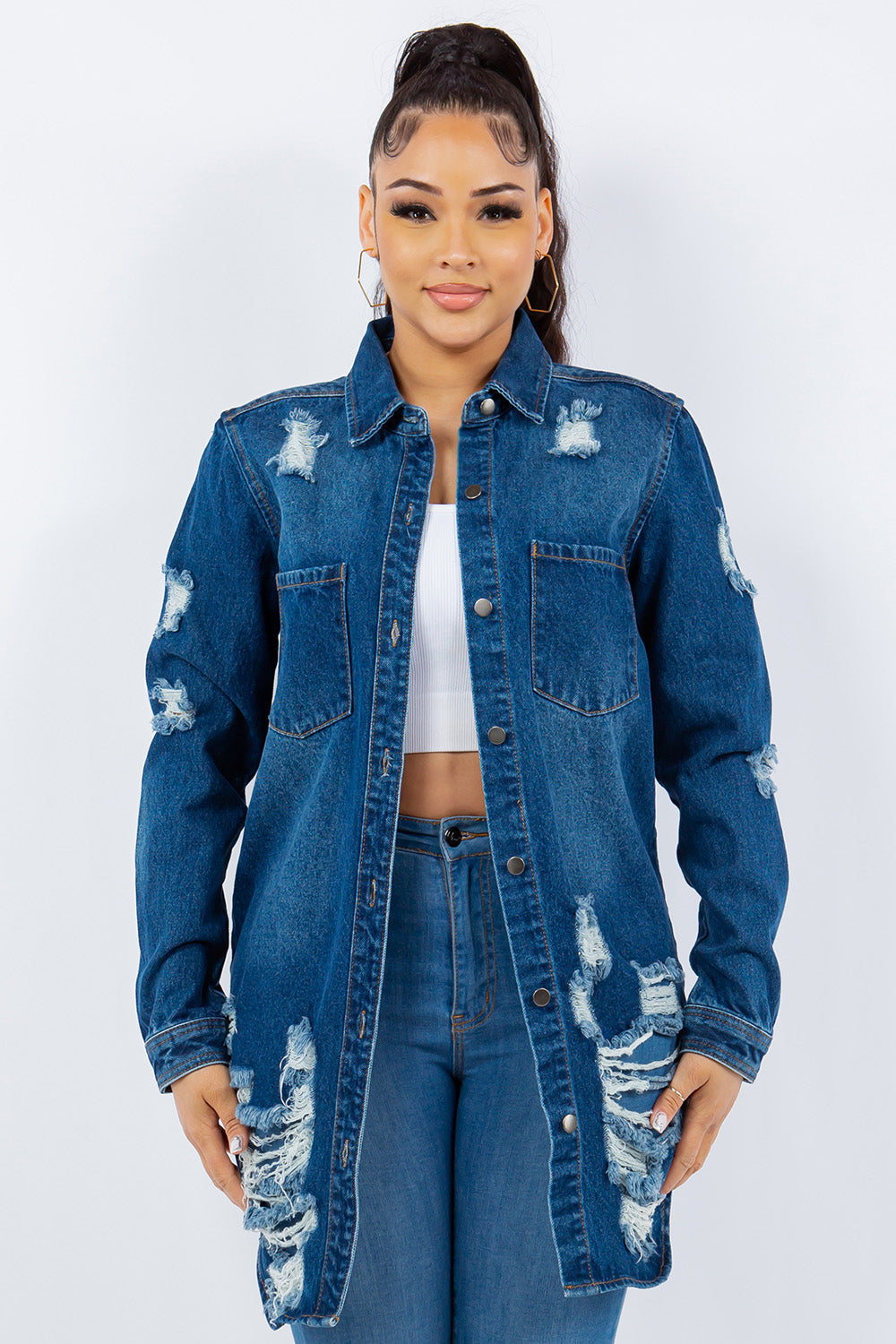 American Dark Blue Bazi Distressed Button Up Long Sleeve Jacket Trendy Buttoned Jacket with Distressed Finish for Women by Stevvex