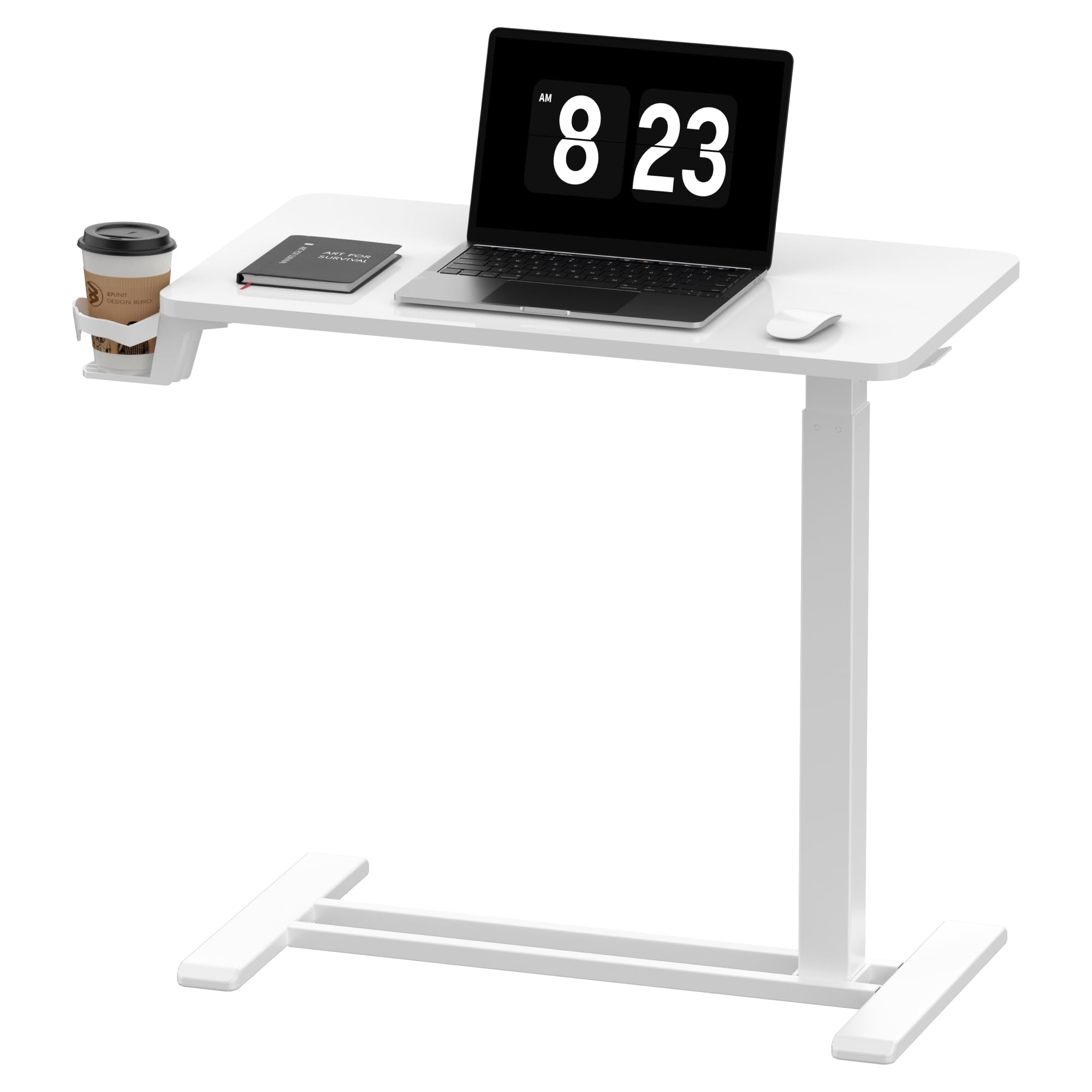 FLEXISPOT Adjustable Overbed Bedside Table with Wheels Pneumatic Mobile Standing Desk Laptop Desk Rolling Computer Cart Movable Overbed Table Hospital Home Use(27.6" W x 15.7" D White) - Lifestyle Haven