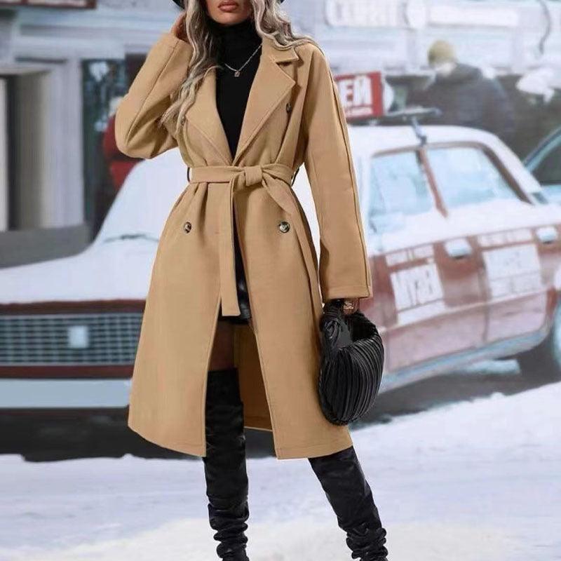 Womens Winter Coat Trend Lapel Double-breasted Trench Coat With Belt Winter Fashion Solid Color Long Jacket Outwear Women Clothing Notched Lapel Collar Double Breasted Pea Coat Winter Wool Blend Over Coats Long Jackets by Stevvex