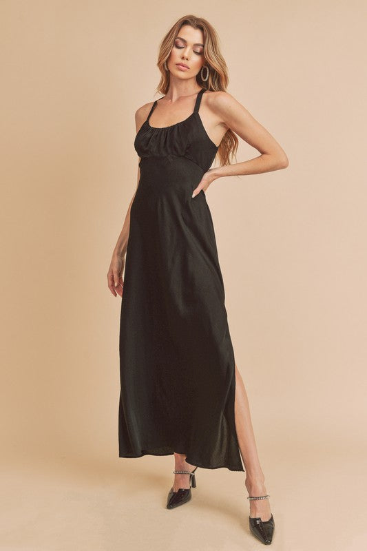 Ruched Side Slit Cutout Back Maxi Cami Dress For Women – Elegant, Romantic & Alluring with Flattering Fit and Glamorous Details by Stevvex