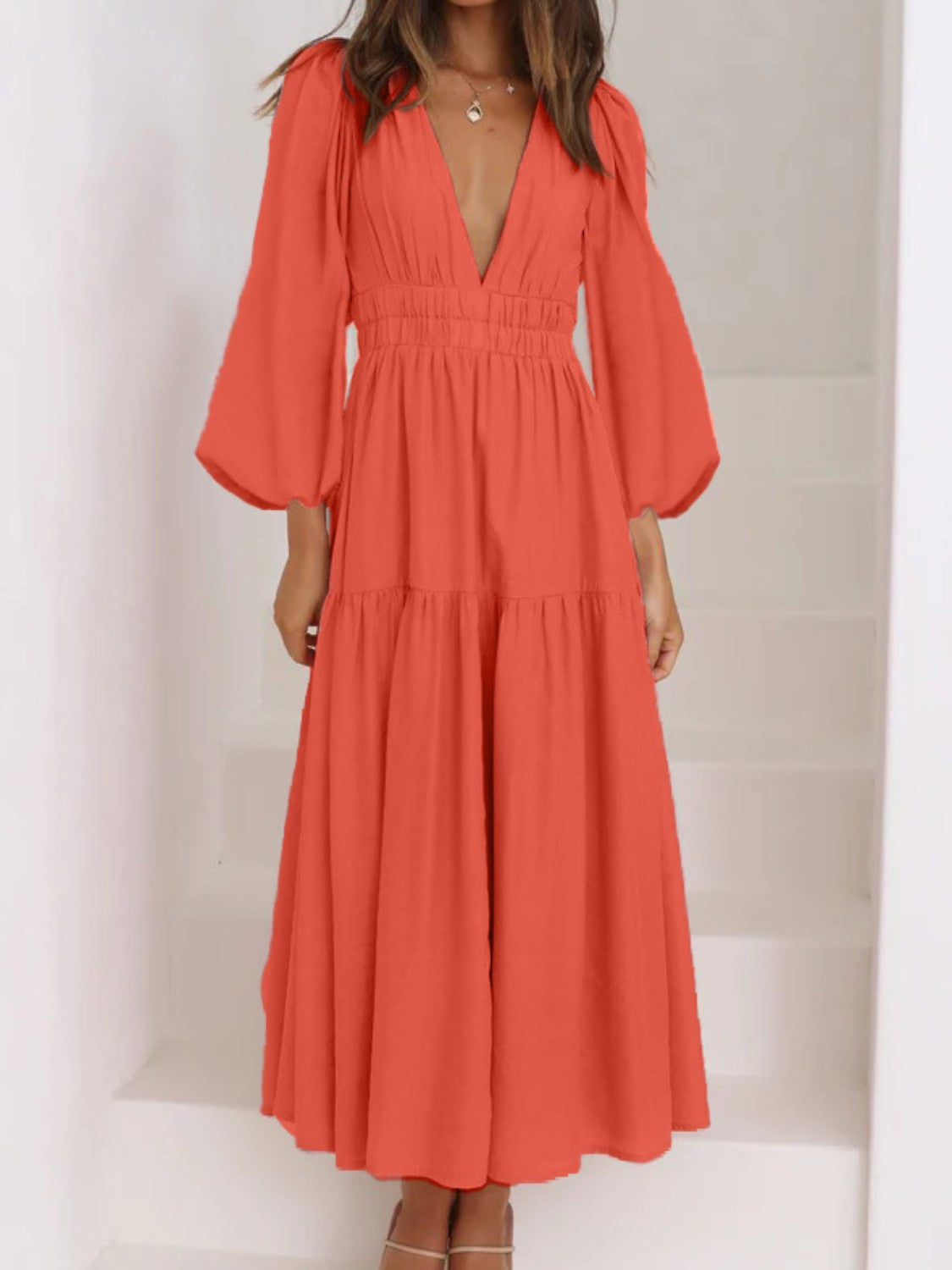 Lightweight Deep V-Neck Balloon Sleeve Maxi Dress Elegant & Flowing Silhouette Unique Dress by Stevvex