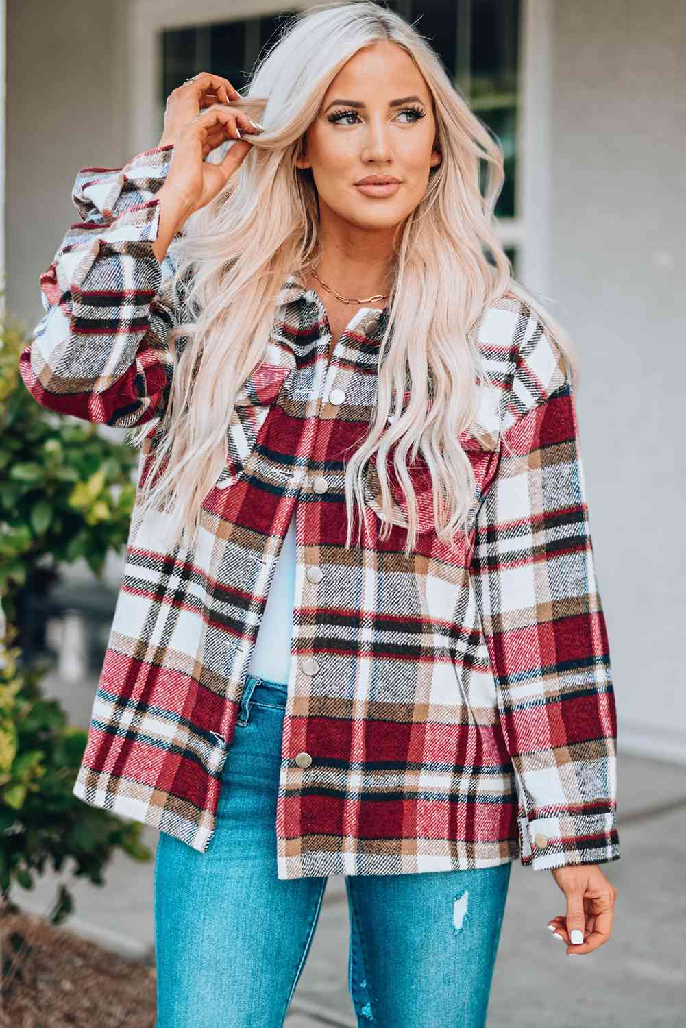 Classic Plaid Button Front Shirt Jacket with Breast Pockets Casual & Minimalist Outerwear by Stevvex