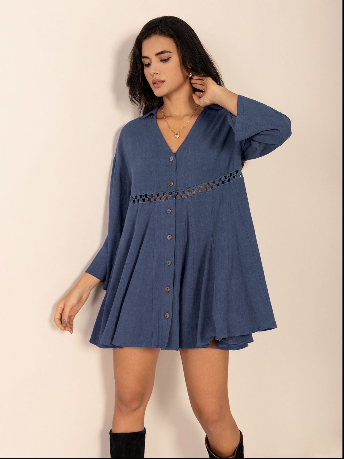 Dusty Blue Long Sleeve Mini Dress Elegant Cutout & Buttoned Design Lightweight Women Dress by Stevvex