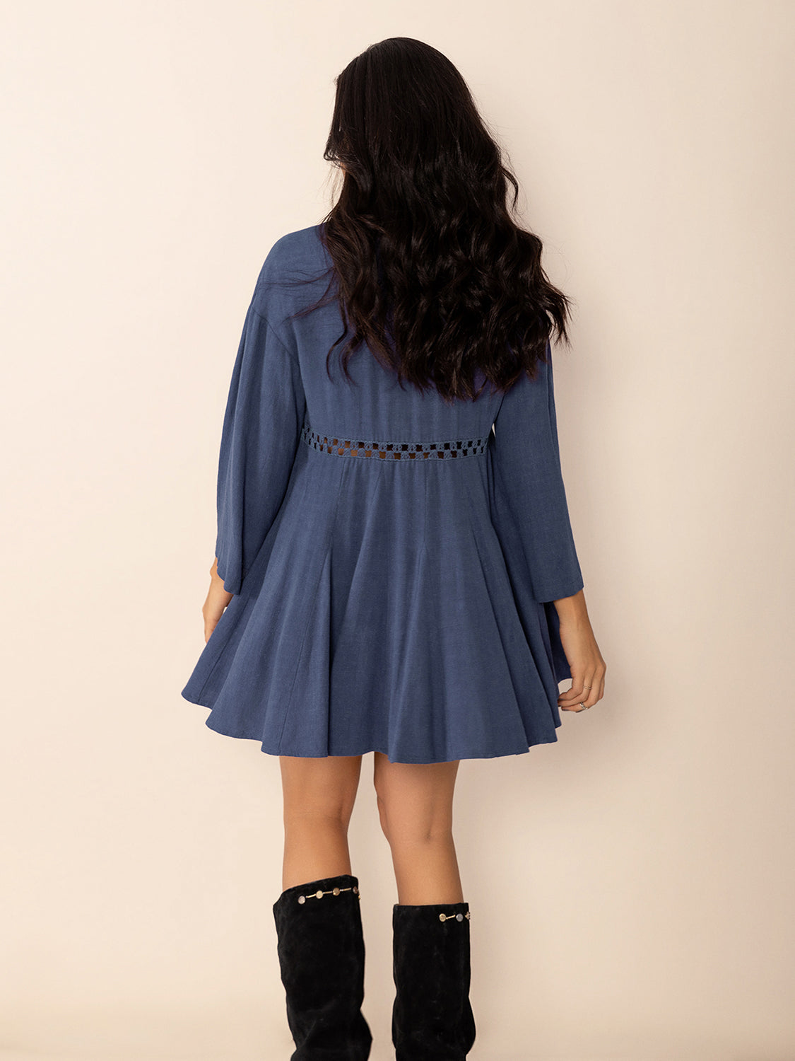 Dusty Blue Long Sleeve Mini Dress Elegant Cutout & Buttoned Design Lightweight Women Dress by Stevvex